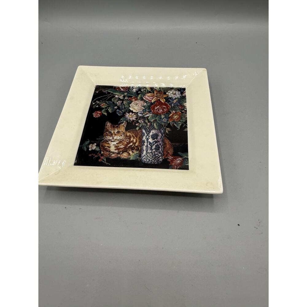 Vintage 1989 Hallmark Klaus Kuntscher Cat Floral Wall Hanging Tray Plate Japan